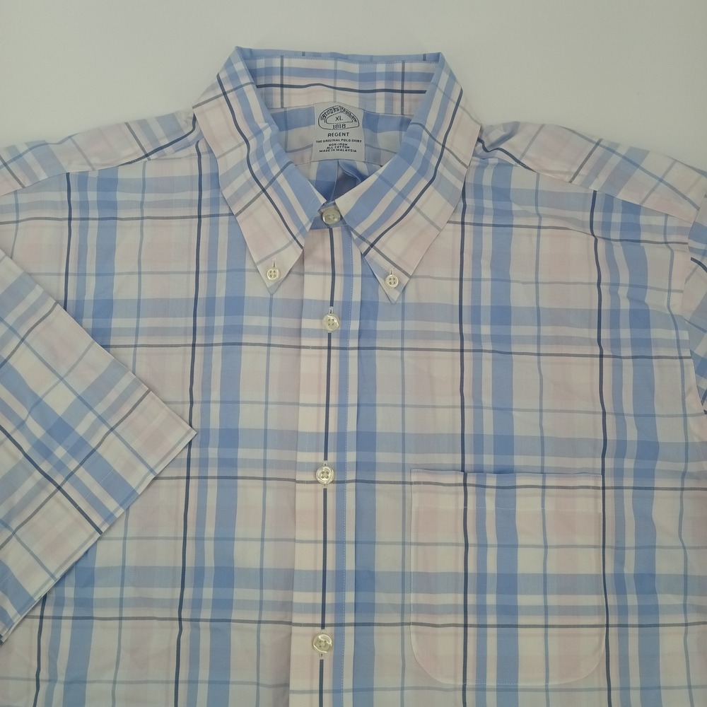 Brooks Brothers Regent Shirt XL Blue Pink Plaid Short Sleeve Non-Iron Cotton